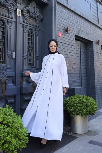 Yaren Balon Kol Biyeli Abaya Beyaz - 1004 - 5