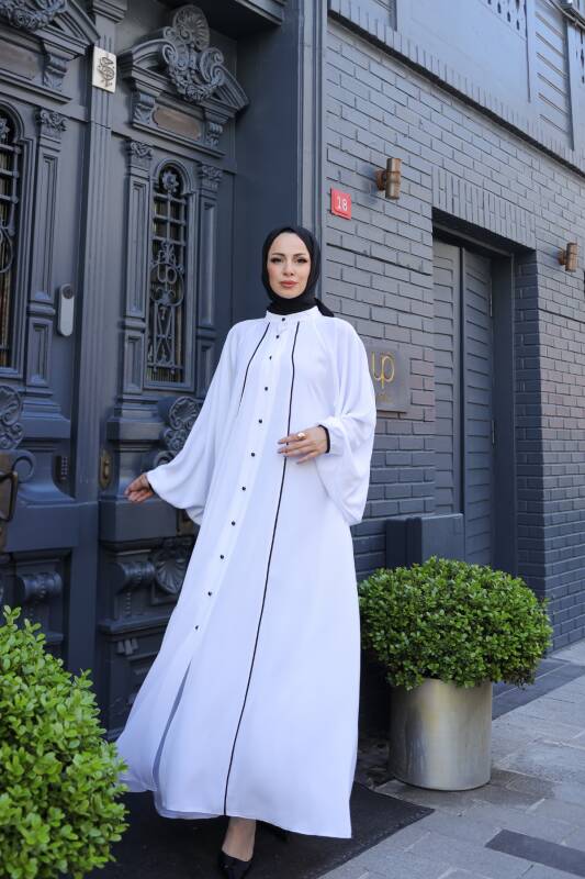 Yaren Balon Kol Biyeli Abaya Beyaz - 1004 - 8