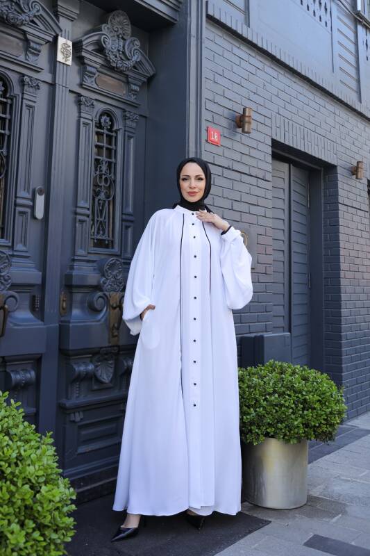 Yaren Balon Kol Biyeli Abaya Beyaz - 1004 - 9