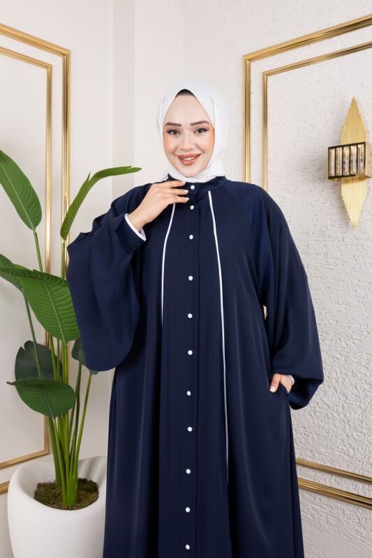 Yaren Balon Kol Biyeli Abaya Lacivert - 1004 - 3