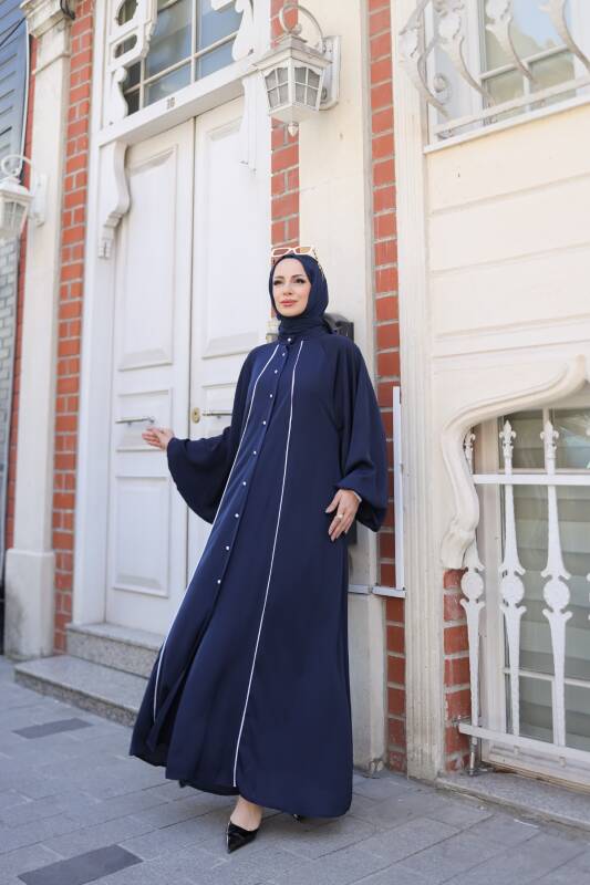 Yaren Balon Kol Biyeli Abaya Lacivert - 1004 - 3