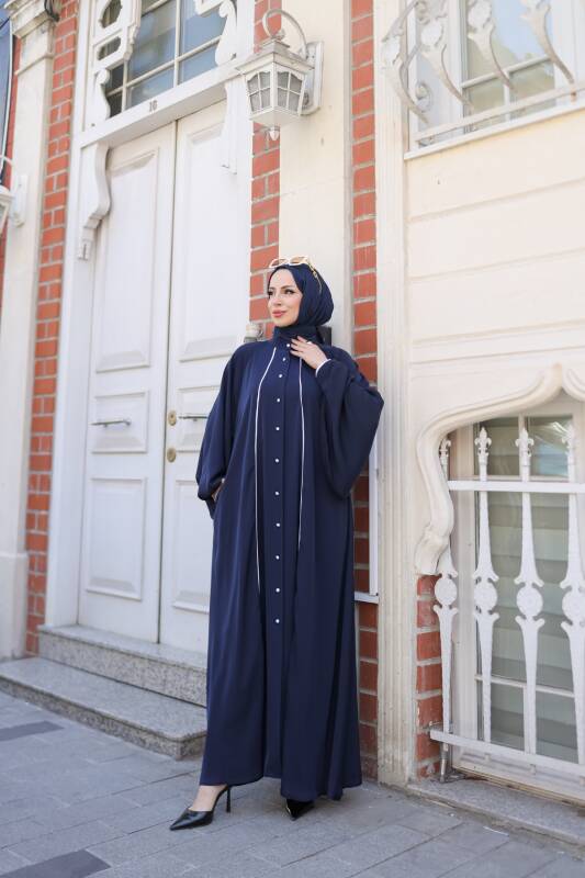 Yaren Balon Kol Biyeli Abaya Lacivert - 1004 - 6