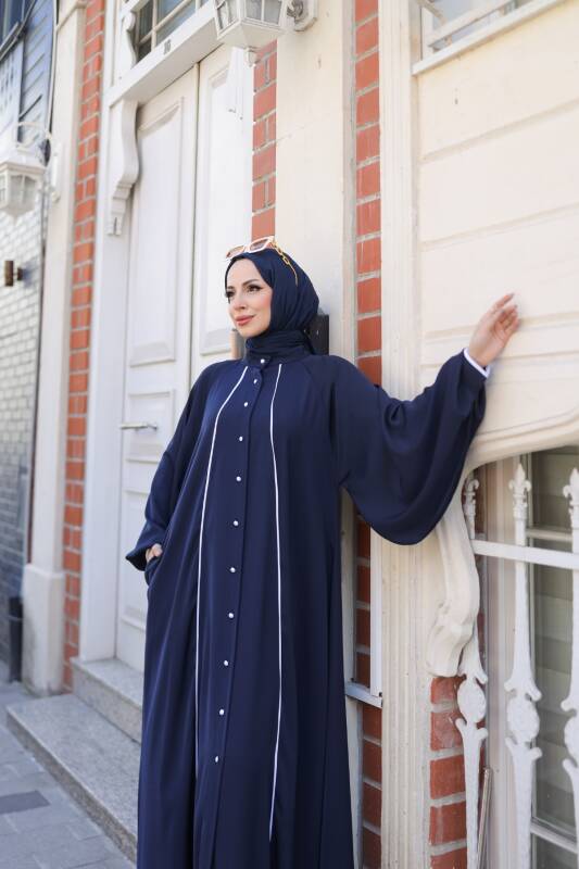 Yaren Balon Kol Biyeli Abaya Lacivert - 1004 - 7