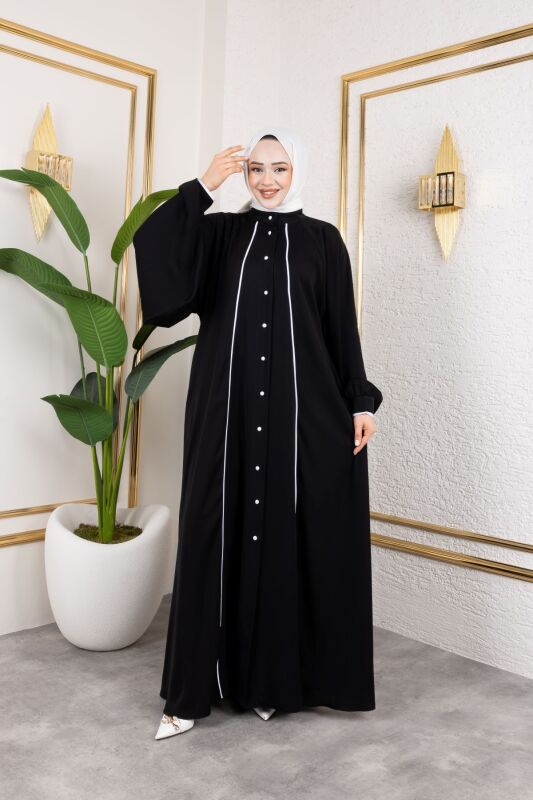 Yaren Balon Kol Biyeli Abaya Siyah - 1004 - 4