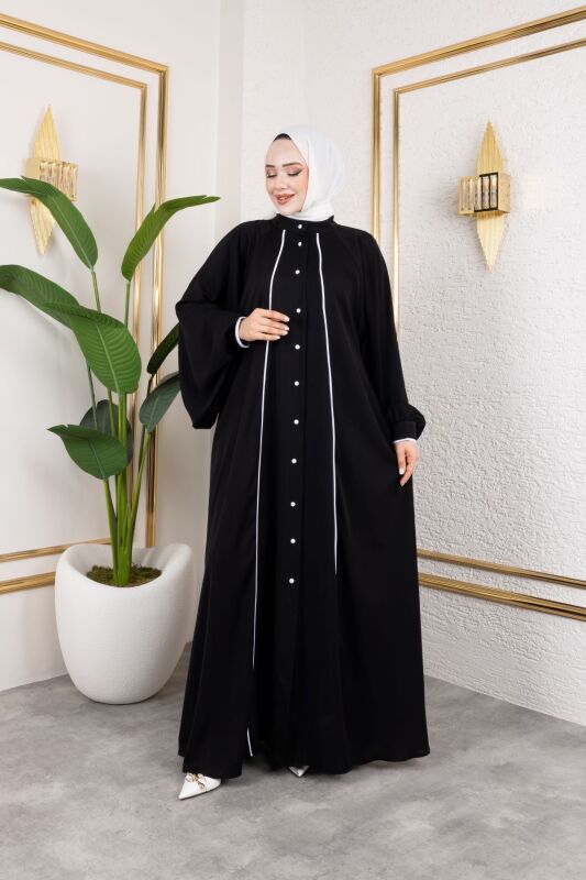 Yaren Balon Kol Biyeli Abaya Siyah - 1004 - 5