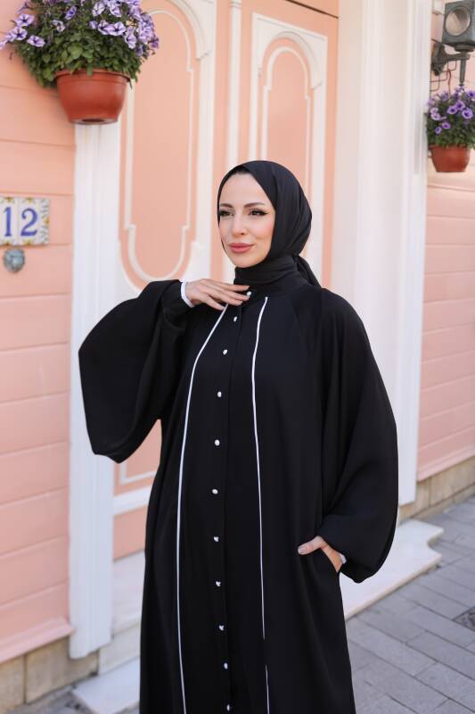 Yaren Balon Kol Biyeli Abaya Siyah - 1004 - 4