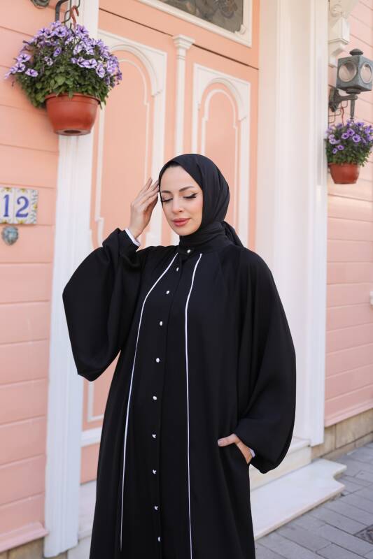 Yaren Balon Kol Biyeli Abaya Siyah - 1004 - 5