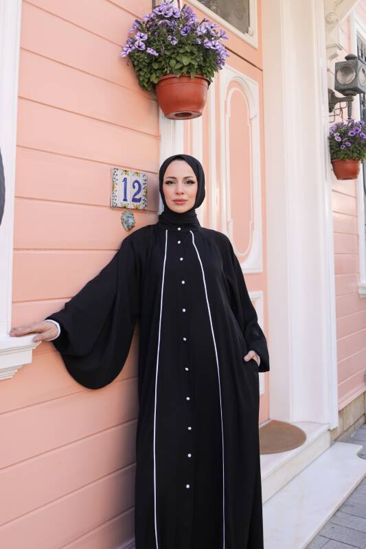 Yaren Balon Kol Biyeli Abaya Siyah - 1004 - 6