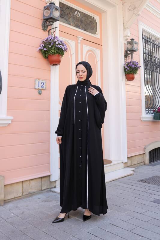 Yaren Balon Kol Biyeli Abaya Siyah - 1004 - 1