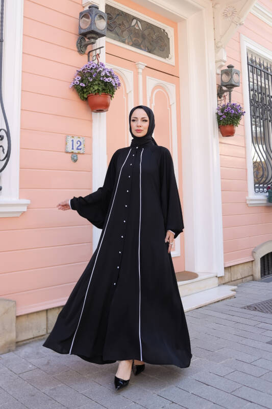 Yaren Balon Kol Biyeli Abaya Siyah - 1004 - 8
